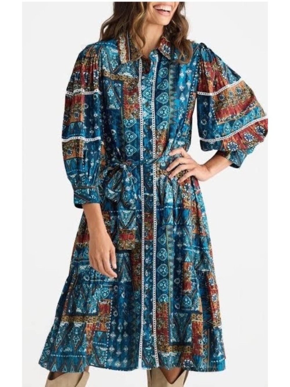 Talisman Women's Size Medium Sicilian Patchwork Castella Shirt Midi Dress New